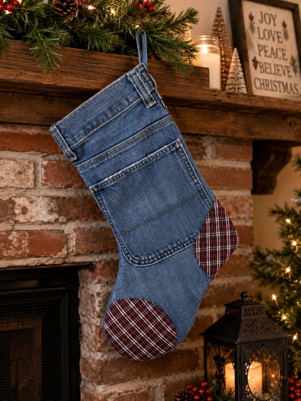 Hand Made Upcycled Denim Christmas Stocking Plaid Toe Heel 17” Rustic Lined